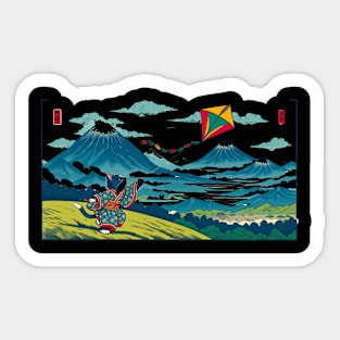 Vintage Japanese Art Kite Flying Mountain Mt. Fuji Cute Cat Sticker